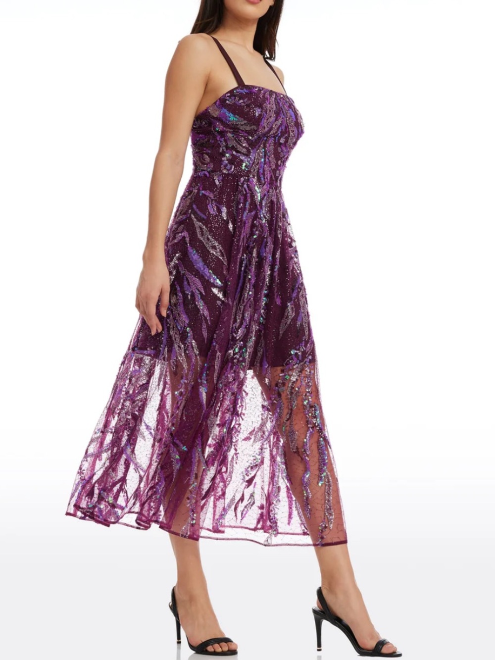 Dress the Population Cassandra Midi Dress XL Beaded Violet Multi Square Neck - Picture 2 of 16